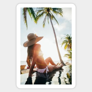 Attractive Brunette in White Bikini Sunbathing by Hotel Pool at Sunset Sticker